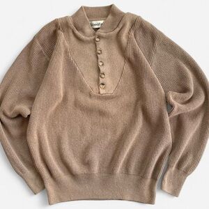 Vintage St. John’s Bay Tan Brown Cotton Knit Ribbed Henley Sweater L
